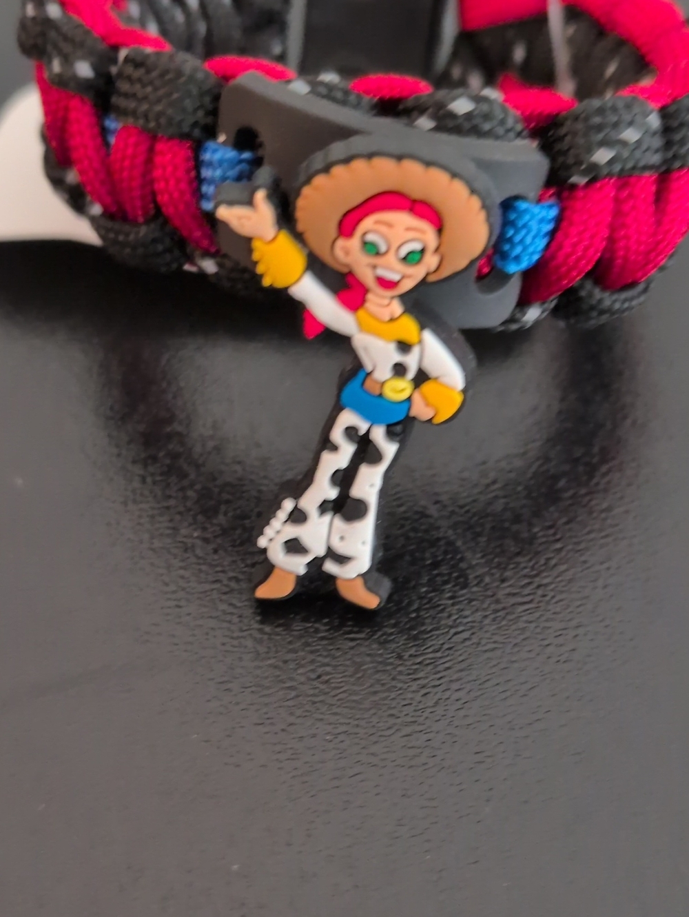 Kids Paracord Bracelet with Pink, Black & Blue Cowgirl Charm. Size 6